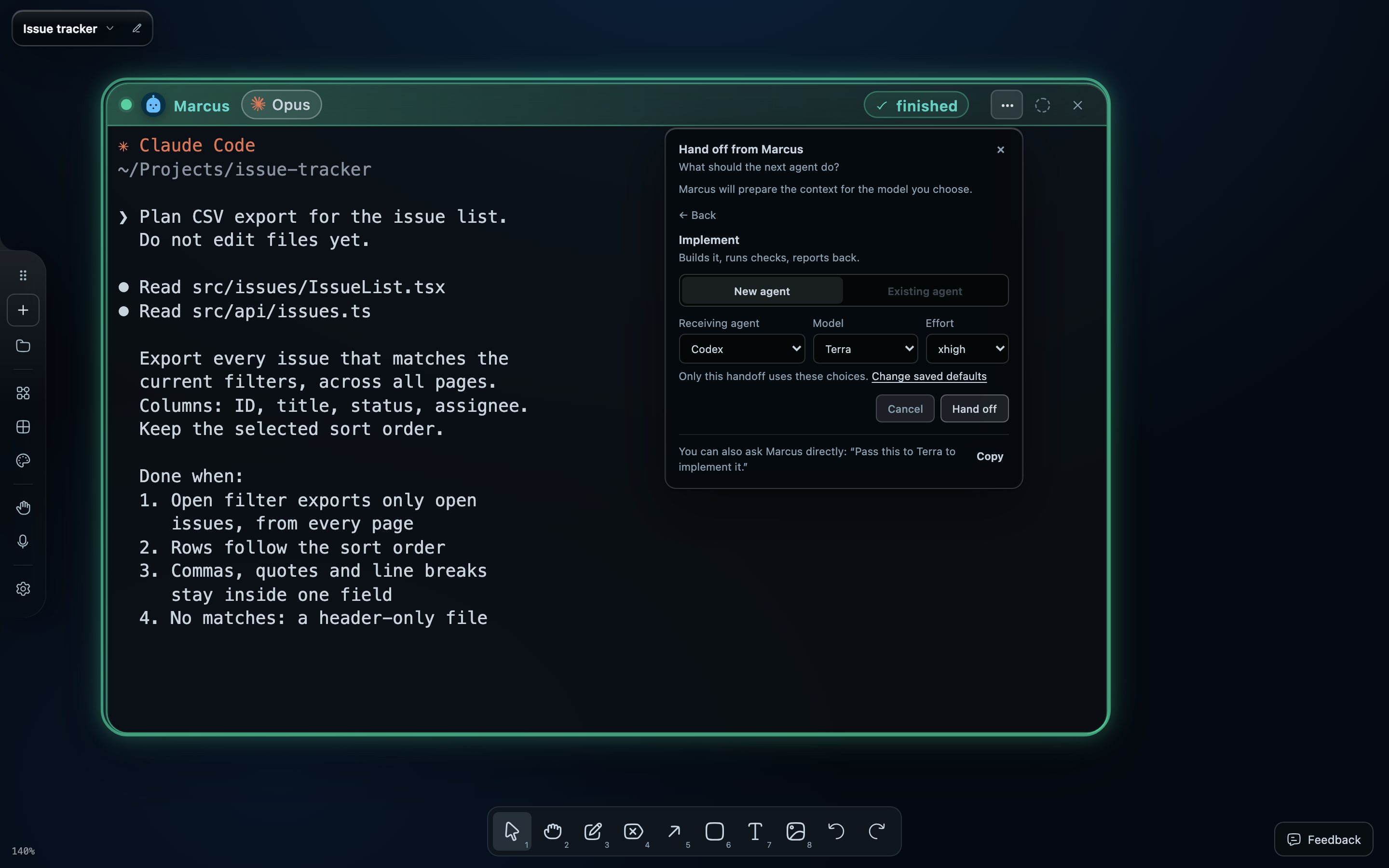 Marcus's Claude Code window with the Hand off card open: Implement, New agent, Receiving agent Codex, Model Terra, Effort xhigh.