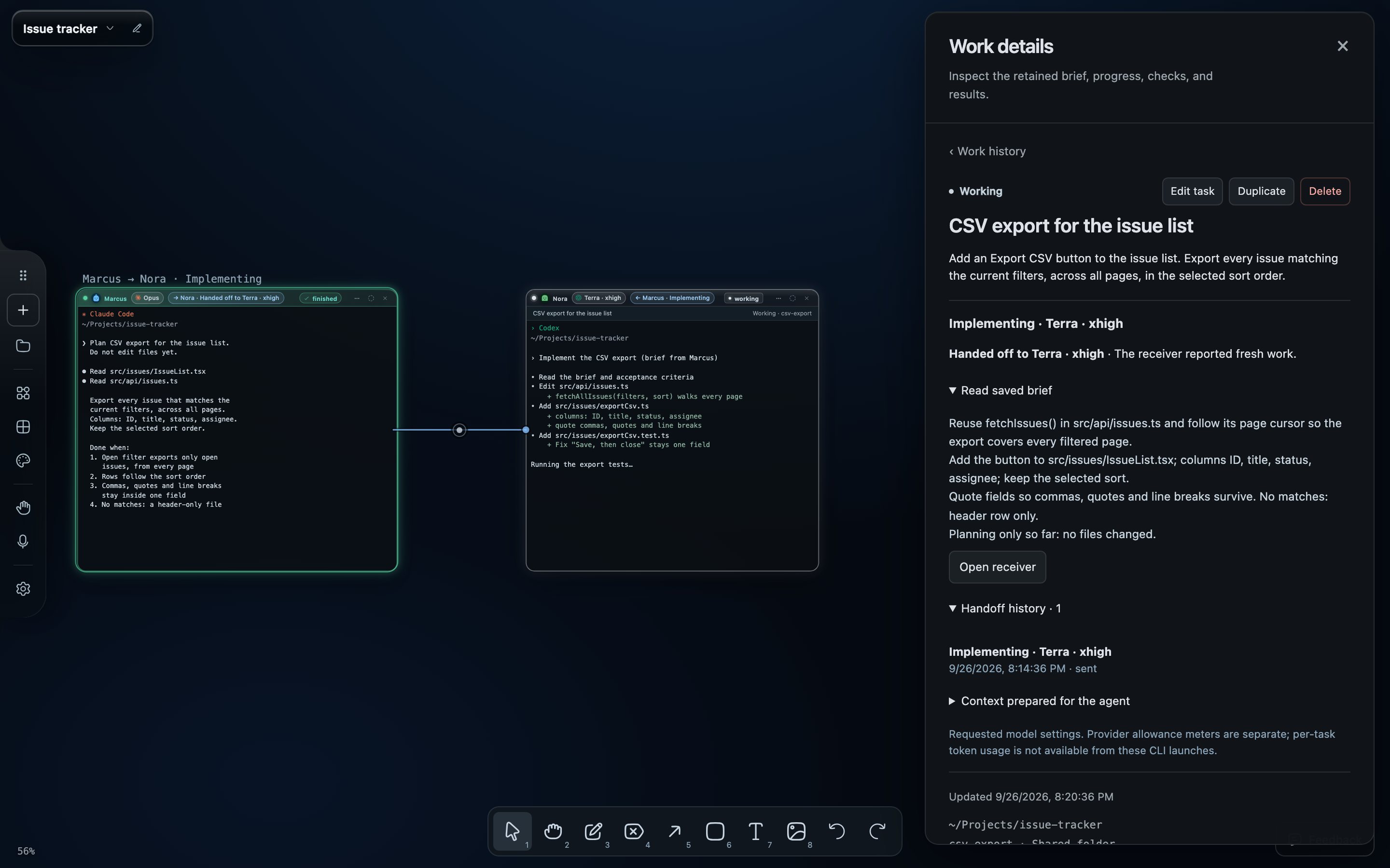The Work details panel showing the objective, the stage Implementing · Terra · xhigh, the saved brief and the handoff history, beside two wired agent windows.