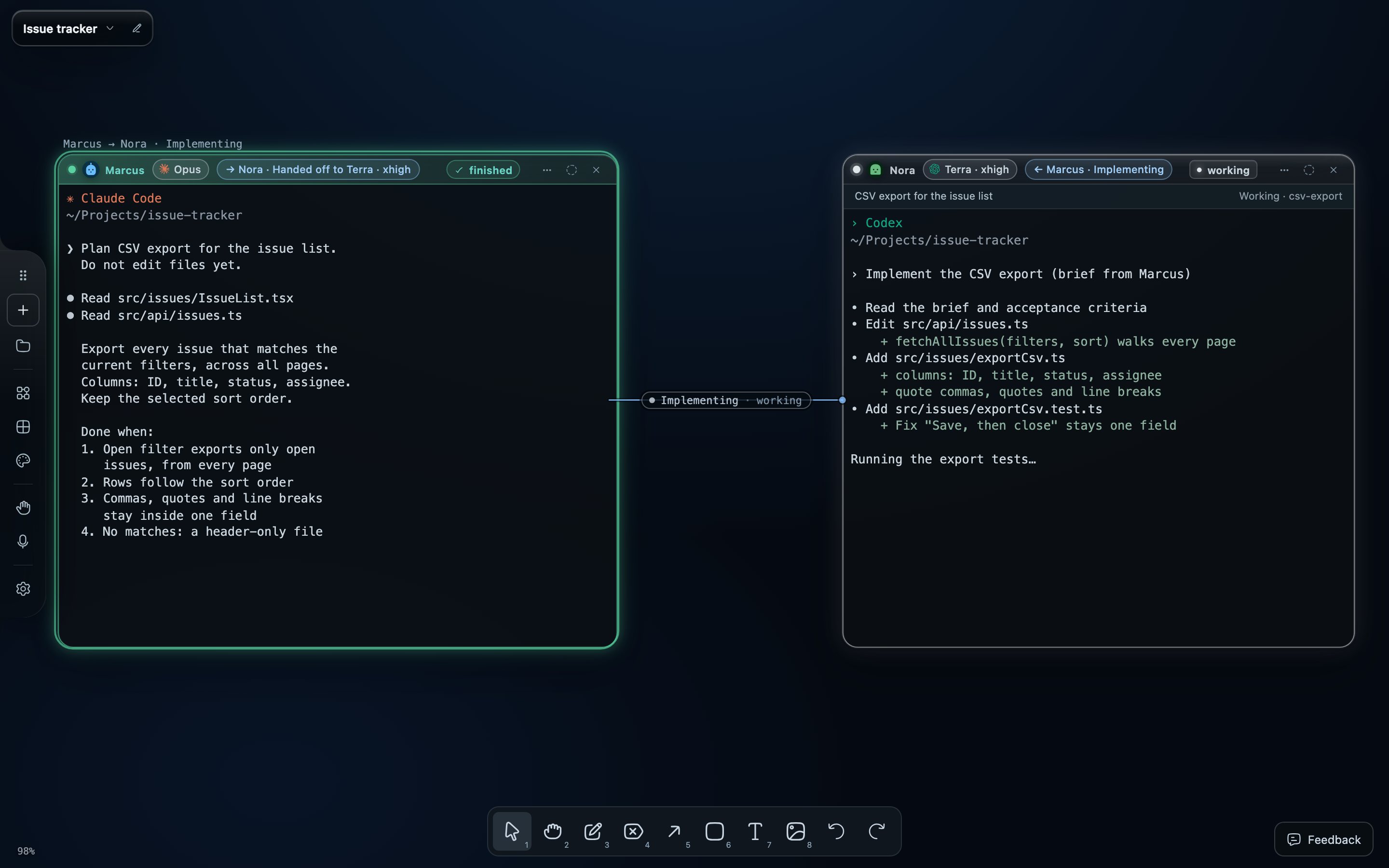 Marcus's Claude Code window and Nora's Codex window joined by a wire tagged Implementing · working; Nora's terminal lists the CSV export changes.
