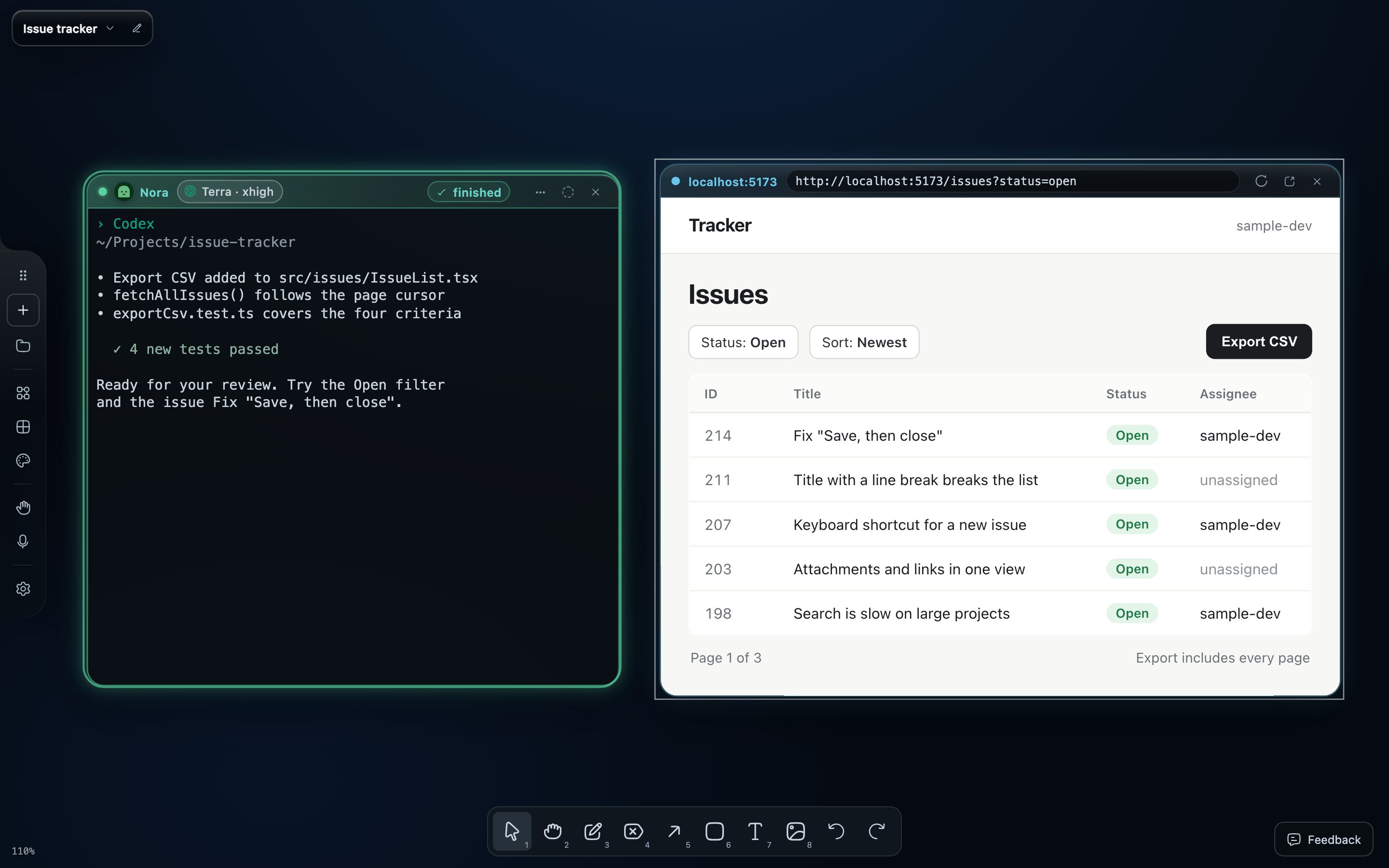 Nora's finished Codex window beside a browser window showing the issue list filtered to Open, with an Export CSV button and a row titled Fix "Save, then close".
