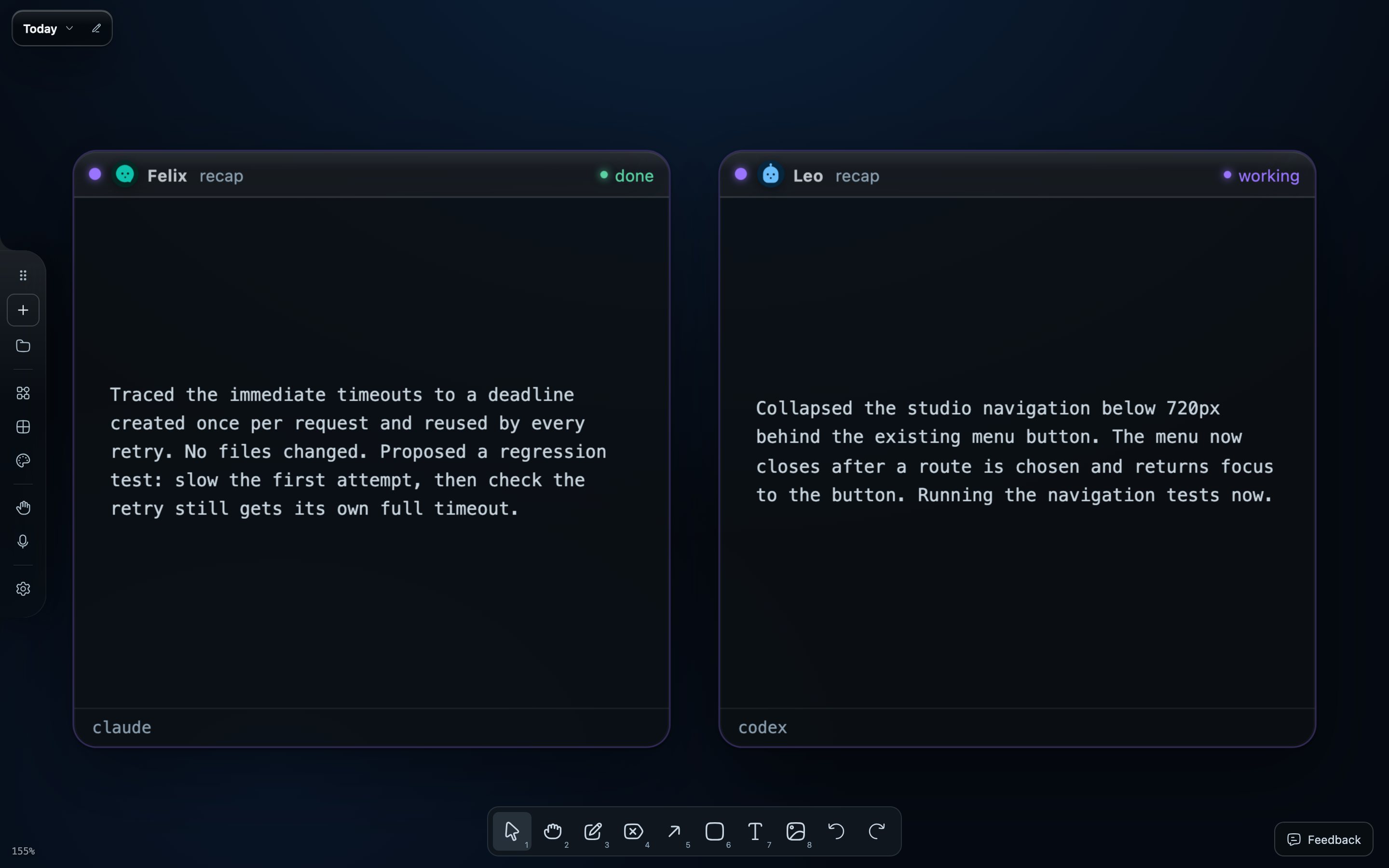 The same two windows turned over to their recaps. Felix's recap, marked done, says the timeouts come from a deadline reused by every retry and proposes a regression test. Leo's recap, marked working, says the navigation now collapses below 720px and the tests are running.