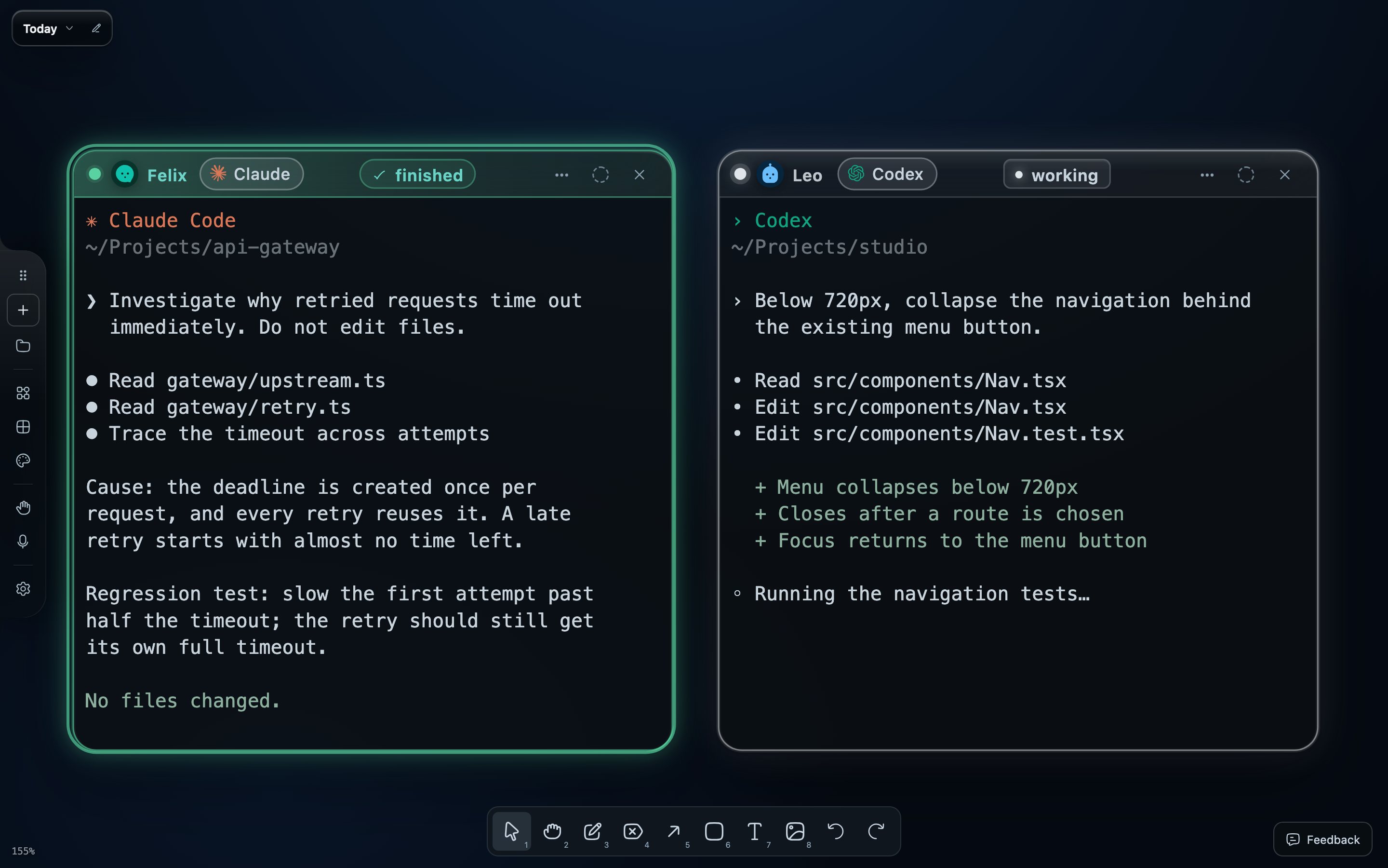 Two agent windows side by side on the Starkomand canvas. Felix, a Claude Code session in the api-gateway repository, has a green frame and a finished badge above its timeout findings. Leo, a Codex session in the studio repository, shows a working badge while it runs the navigation tests.