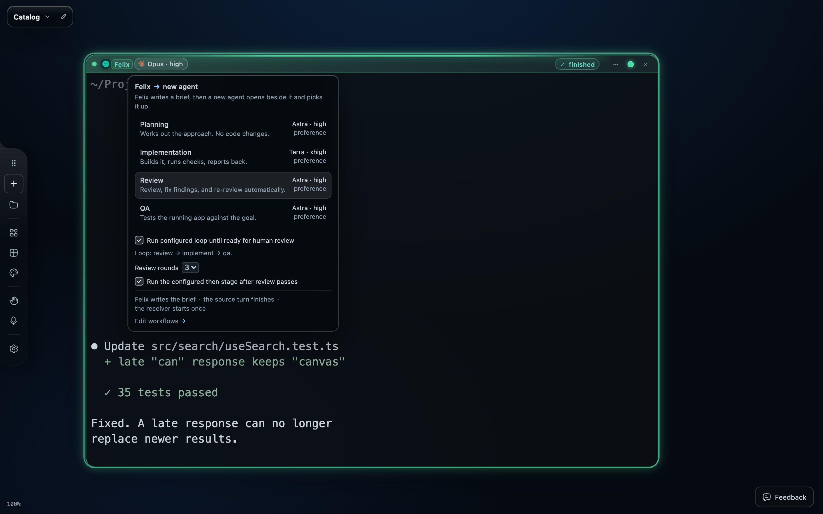 The stage picker opened from Felix's model chip. Run configured loop until ready for human review is checked, the loop reads review, implement, qa, and Review rounds is set to 3.