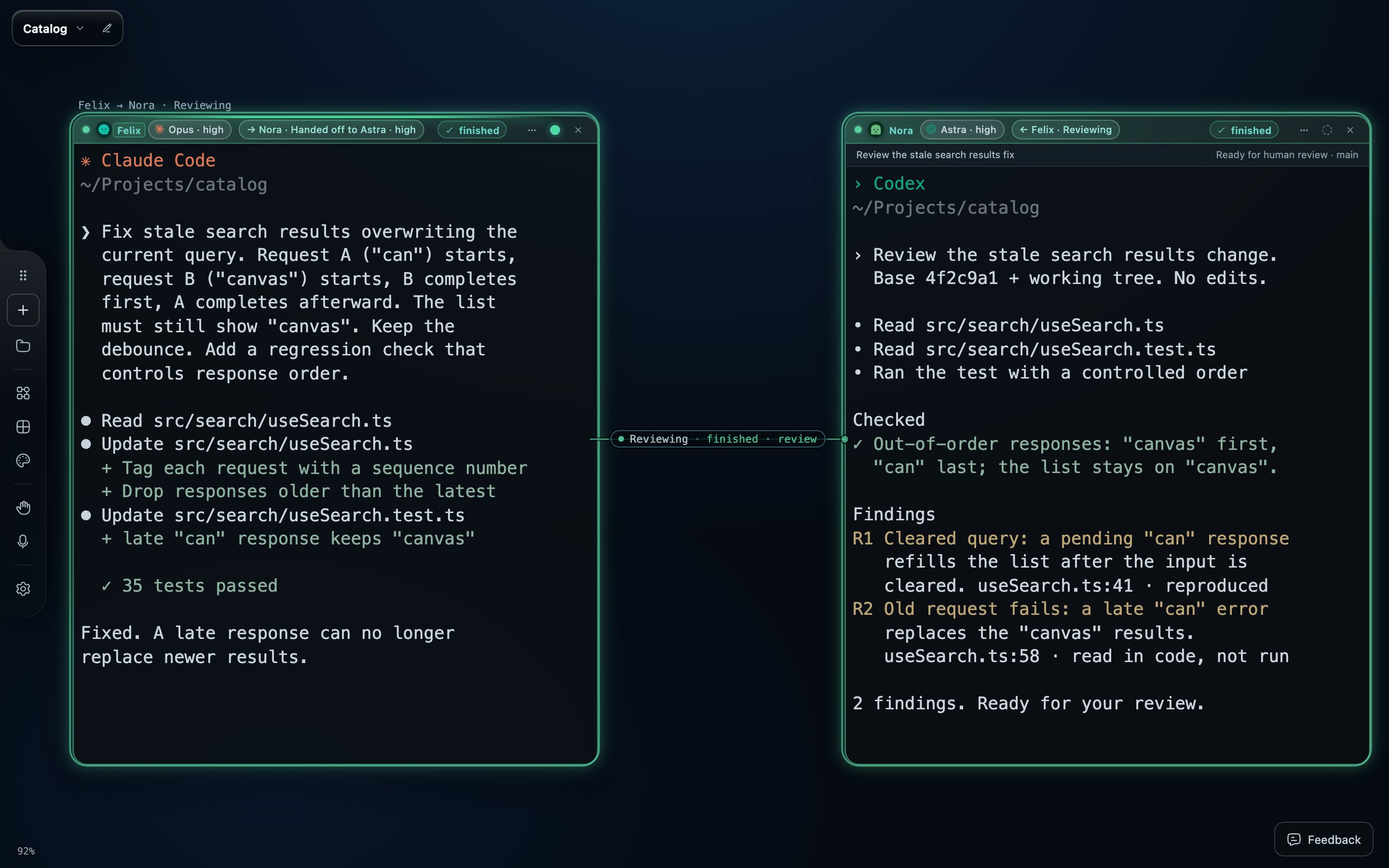 Felix's Claude Code window wired to Nora's Codex window. The wire's tag reads Reviewing, finished, review. Nora lists a passing out-of-order check, finding R1 for the cleared query and finding R2 for the old request failing, each with a file location.