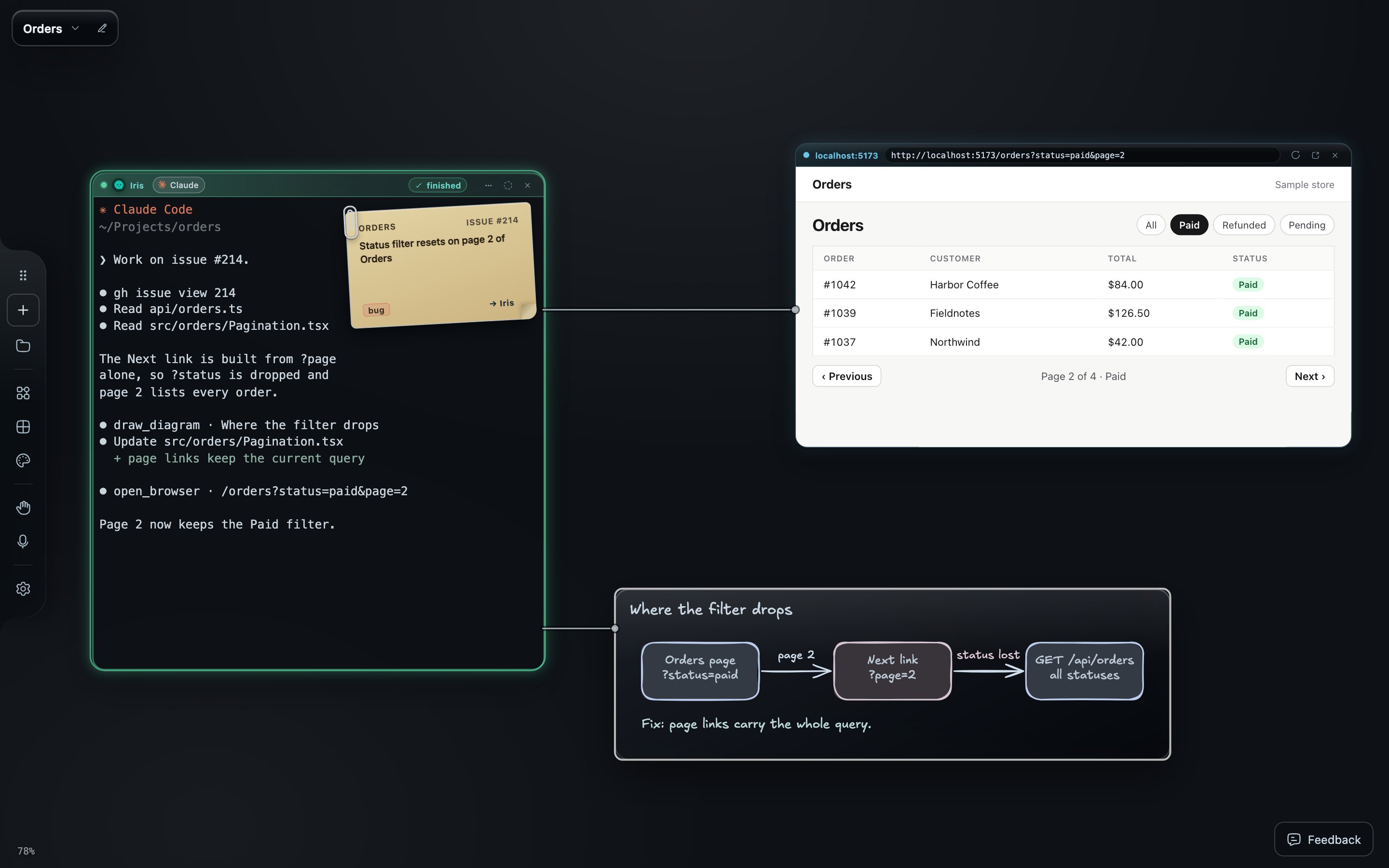 The agent window Iris on the left, with thin origin lines running from its edge to a browser preview moved to the upper right and to a diagram moved to the lower right.