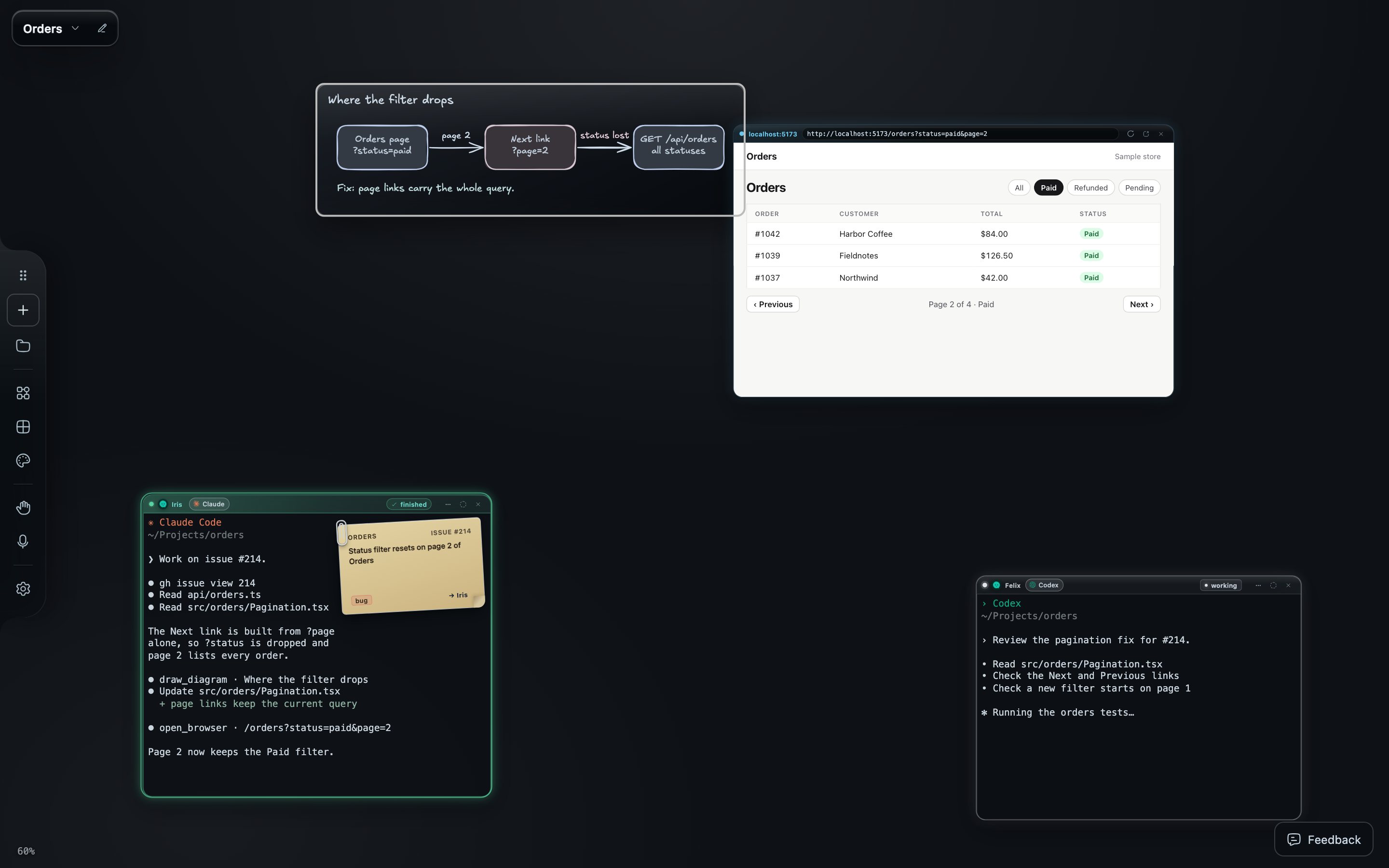 A scattered workspace: the diagram and preview far from Iris at the top, Iris marked finished at the lower left, and a Codex window named Felix marked working at the lower right.