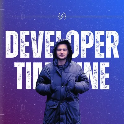 Rashid in a winter jacket in front of the Developer Timeline title card