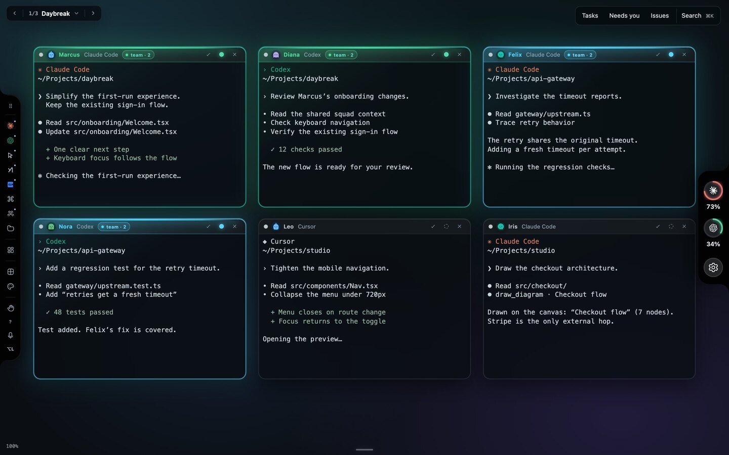 Six agent windows on the Starkomand canvas. Marcus in Claude Code simplifies the first-run experience in the daybreak repository while Diana in Codex reviews those onboarding changes; Felix and Nora work on the api-gateway project.