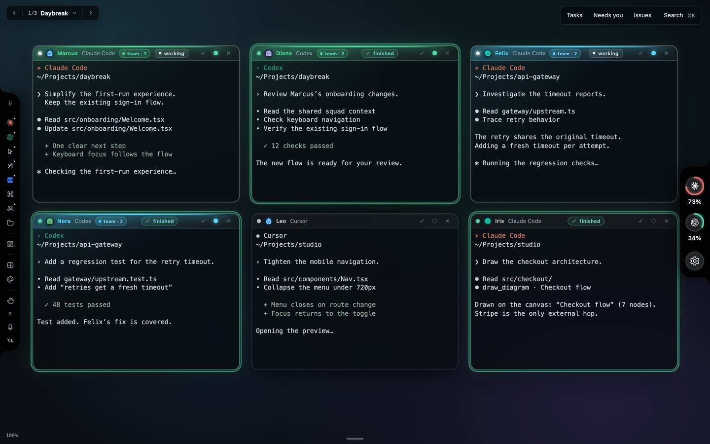 The same canvas a few minutes later: Diana's Codex window, Nora's and Iris's are marked finished with lit edges, while Marcus's and Felix's Claude Code windows still show working.