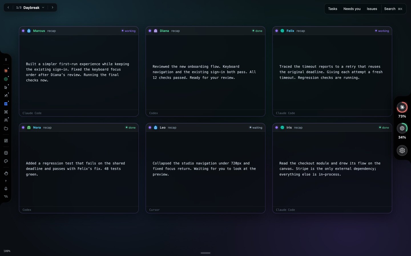 Six agent windows flipped to their recaps: Marcus and Felix working, Diana, Nora and Iris done, Leo waiting.