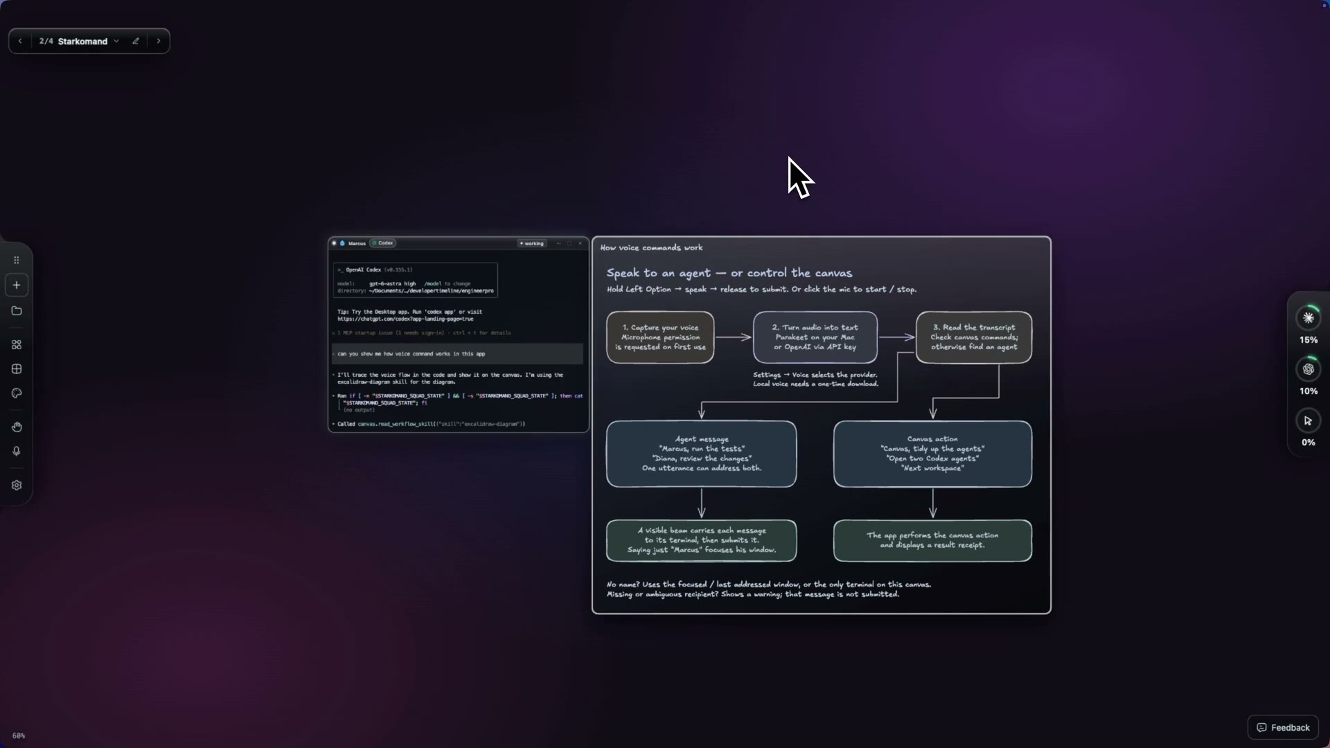Marcus’s Codex window beside the hand-drawn diagram it drew, How voice commands work.