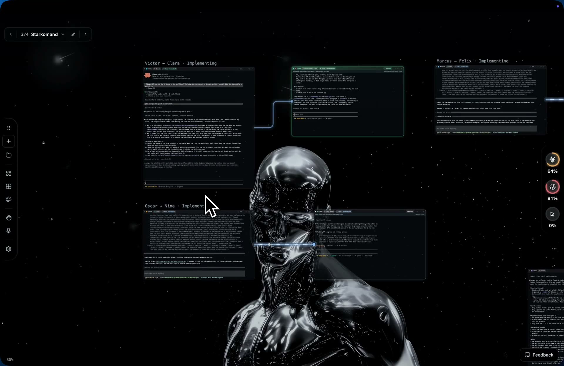 Handoff pairs on the canvas, Victor to Clara, Oscar to Nina and Marcus to Felix, joined by glowing wires labelled Implementing.