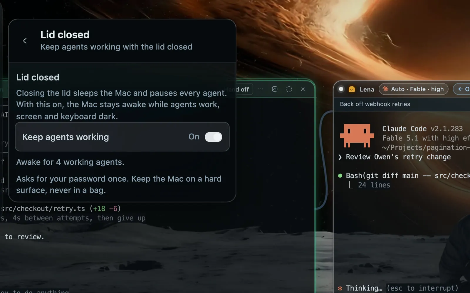 Settings open on Lid closed, with Keep agents working switched on and the line Awake for 4 working agents, beside Lena’s Claude Code window reviewing on Auto · Fable · high.