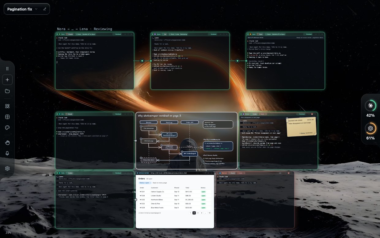 The Starkomand canvas with several agent windows, a hand-drawn diagram beside one of them and a browser preview beside another.