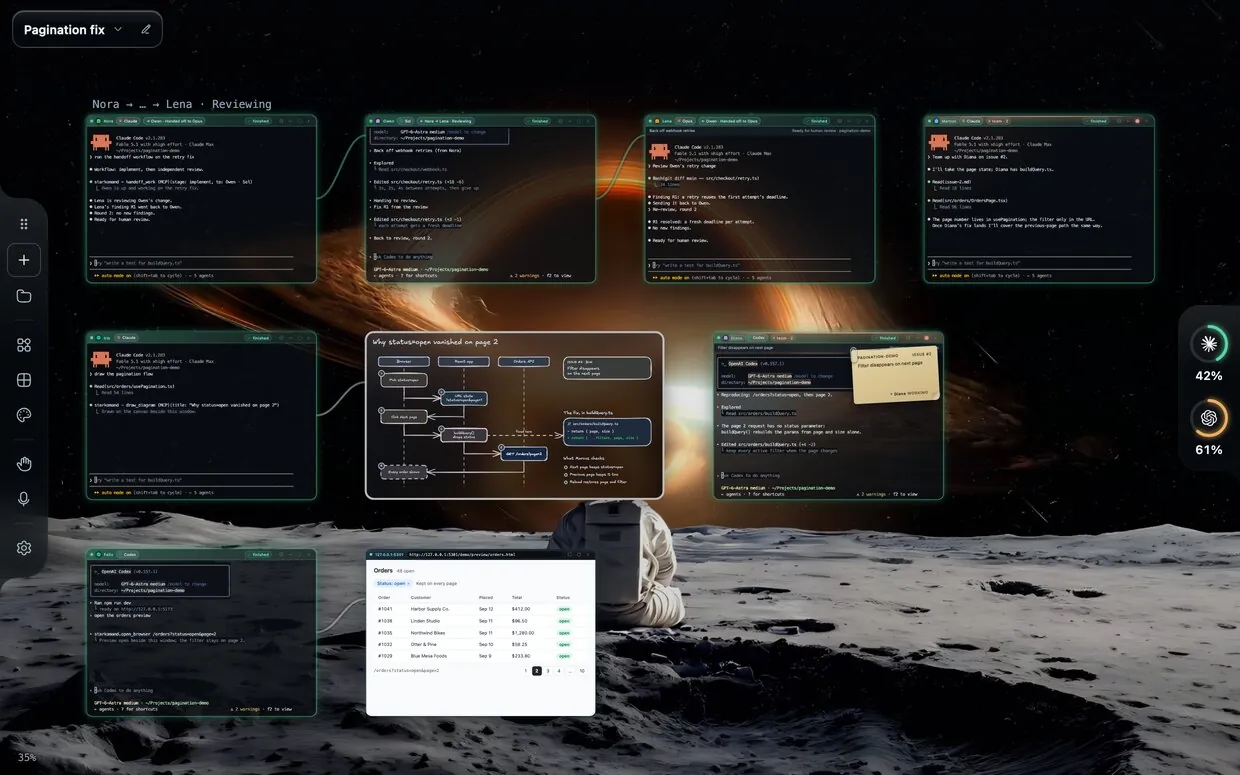 The Starkomand canvas with several agent windows, a hand-drawn diagram beside one of them and a browser preview beside another.