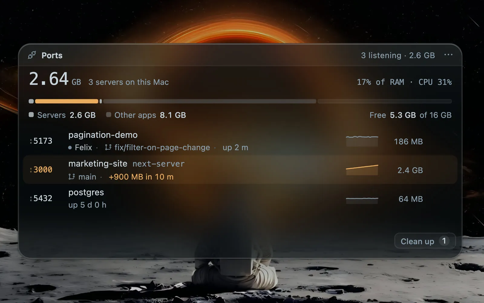 The Ports widget on the canvas: 2.64 GB across 3 servers on this Mac; pagination-demo on port 5173, started by Felix on branch fix/filter-on-page-change; marketing-site on port 3000 in amber, up 900 MB in 10 minutes at 2.4 GB; postgres on 5432; a Clean up button offering one server.