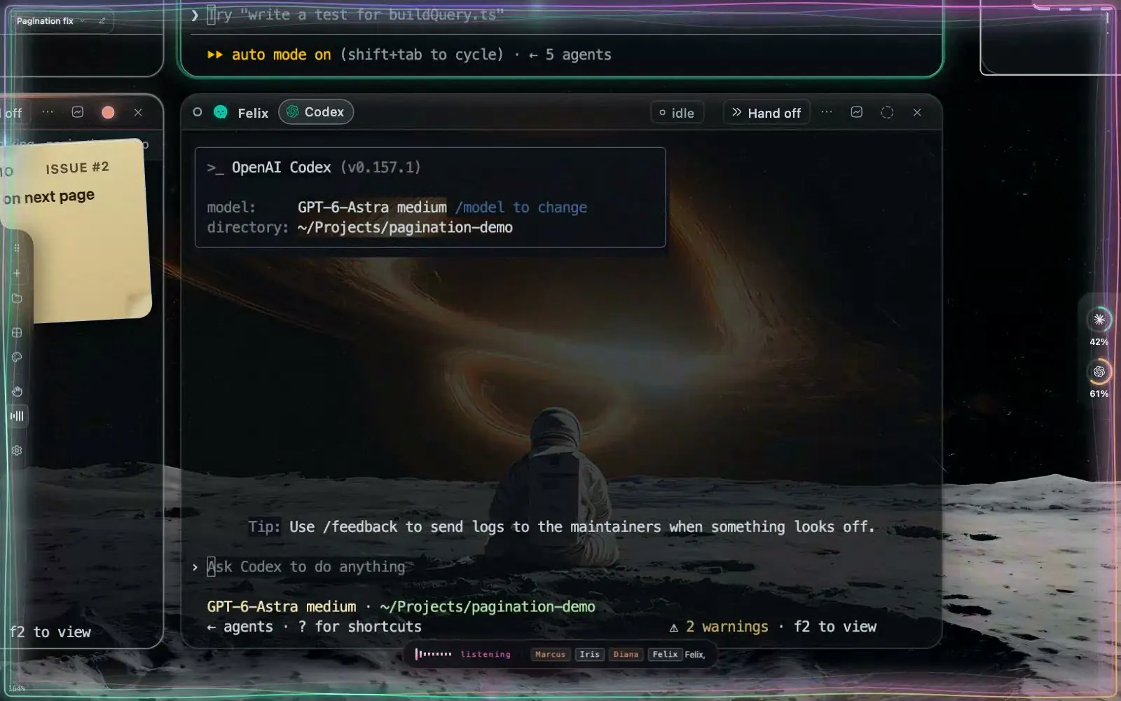 Felix’s Codex window above a browser window on the canvas showing the orders page with the status filter kept on page 2.