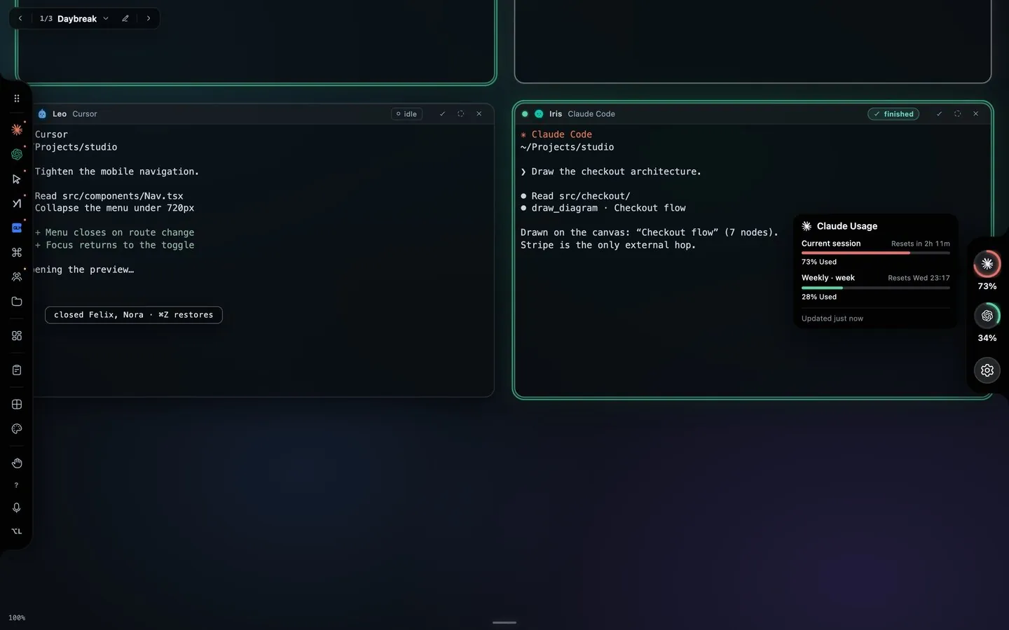 The Claude Usage popover open beside Iris's Claude Code window: Current session 73% used, resets in 2h 11m; Weekly 28% used, resets Wed 23:17; the Claude and Codex rings in the dock read 73% and 34%.