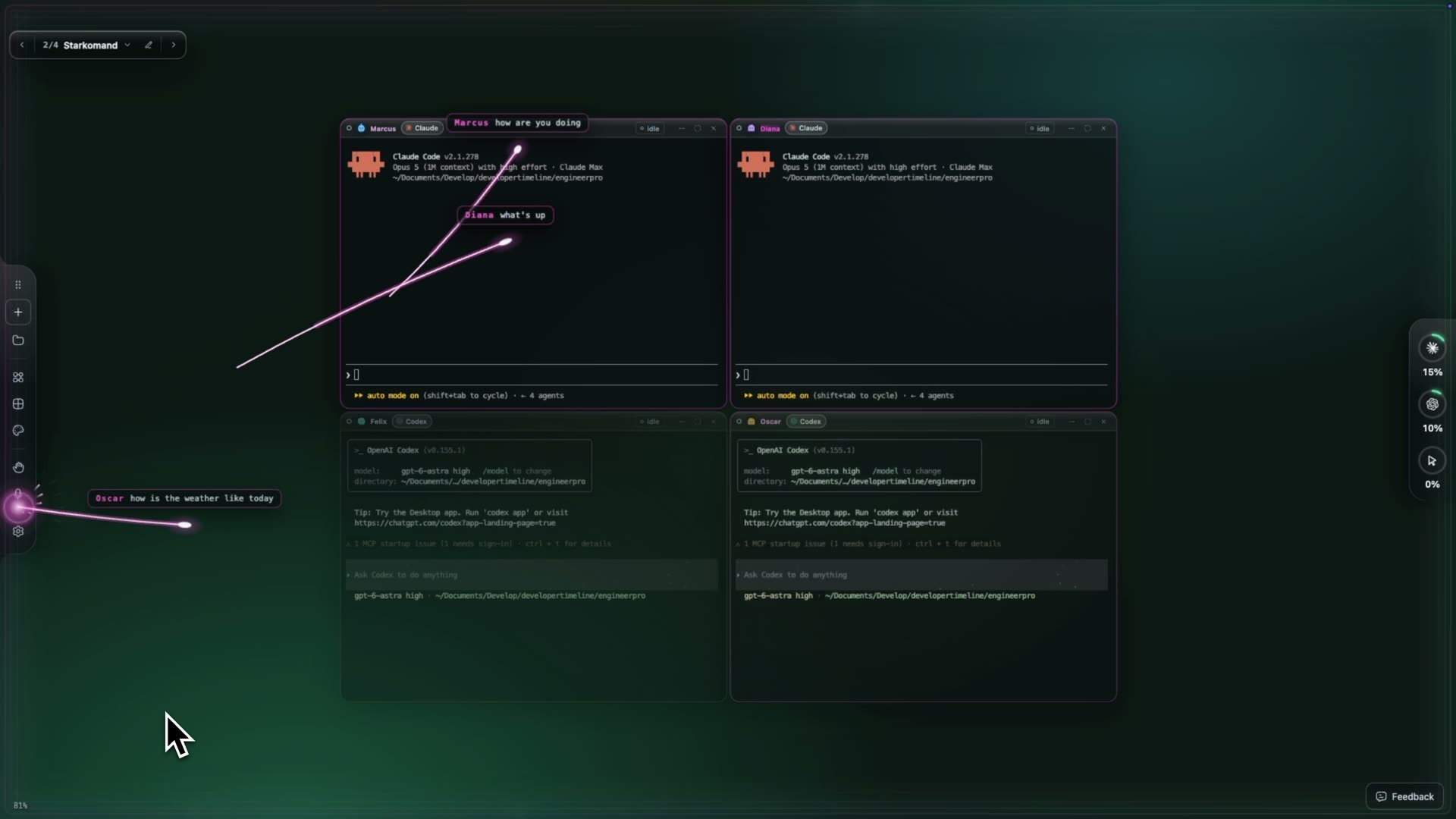 The Starkomand canvas while it listens. Four agent windows, Marcus and Diana running Claude Code and Felix and Oscar running Codex; the spoken questions "Marcus how are you doing" and "Diana what's up" fly into those two windows, and a third question to Oscar leaves the voice button.