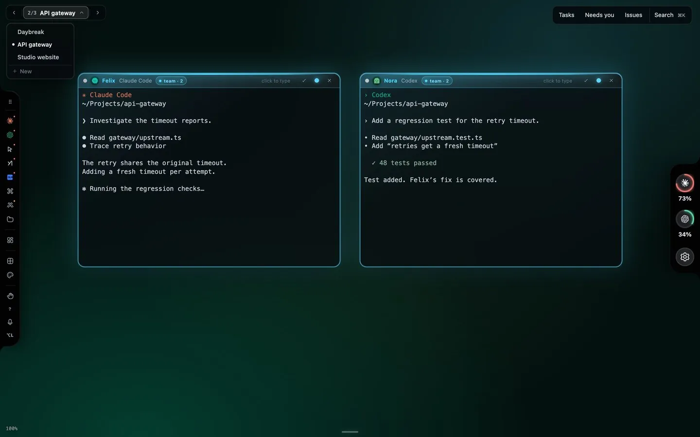 The workspace menu open on API gateway, listing Daybreak, API gateway and Studio website, over Felix’s and Nora’s windows.