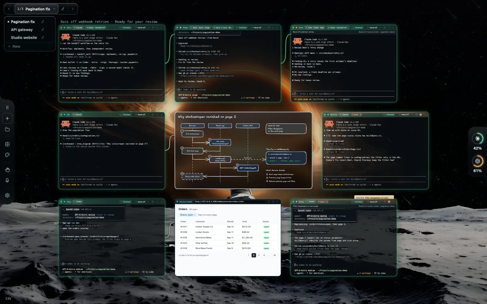 The workspace menu open on Pagination fix, listing Pagination fix, API gateway and Studio website, over that workspace’s agents, diagram and preview.
